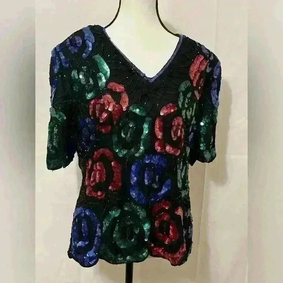 Stenay Vintage Sequin Beaded Embroidered 100% Silk Floral Top Blouse - Women's L - Picture 1 of 6